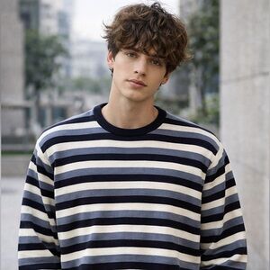 Ralph Lauren Polo Striped Crewneck Pima Cotton Sweater Navy Cream Preppy Size XL